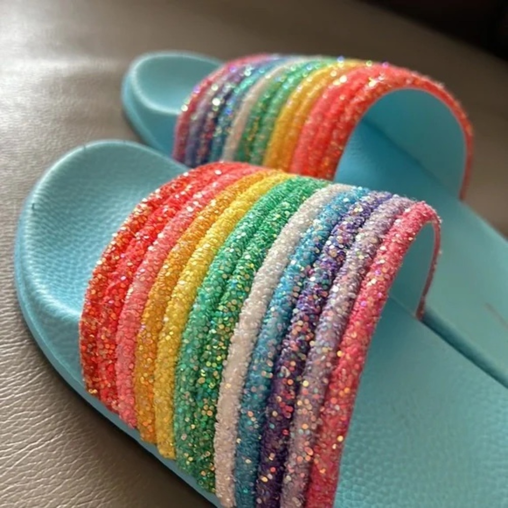 799. NEW Lauren Lorraine Glitter Rainbow Slide Sandals - Light Blue Footbed